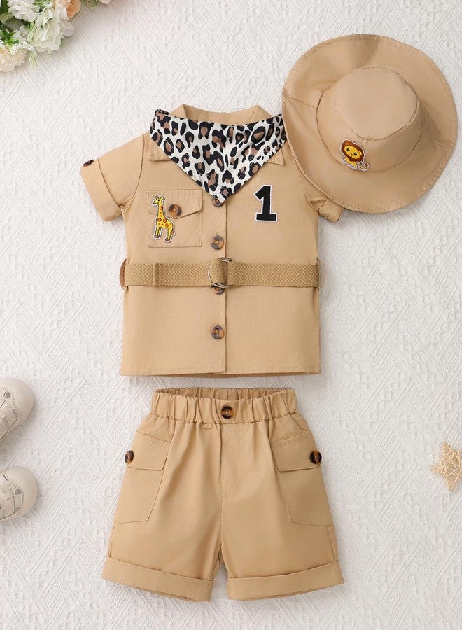 OBEEII Toddler Baby Boys Safari Outfit Infant Explorer Wild 1st Birthday Short Sleeve T-shirt Top Shorts Set Giraffe Zoo Keeper Jungle Cake Smash Photoshoot Outfits + Hat + Belt Khaki 6-12 Months - Image 3