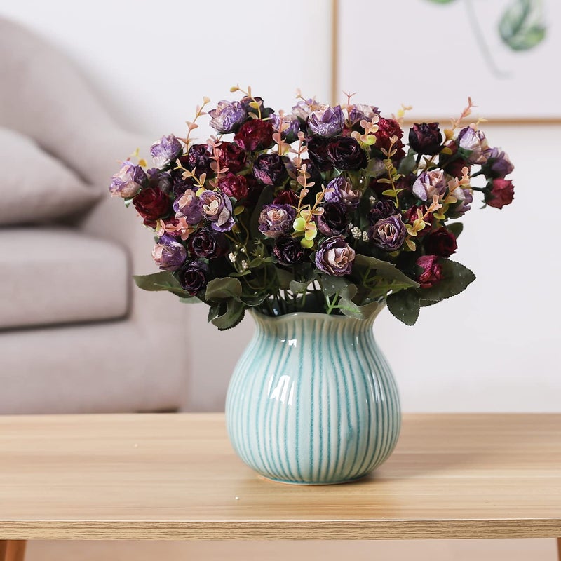 Duovlo 7 Branch 21 Mini Rose Heads Artificial Flowers Bouquet Wedding Home Office Decor,Pack of 2 (2 PCS Purple) - Image 5