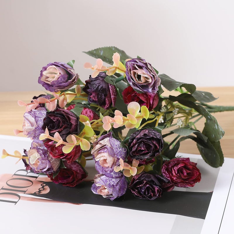 Duovlo 7 Branch 21 Mini Rose Heads Artificial Flowers Bouquet Wedding Home Office Decor,Pack of 2 (2 PCS Purple) - Image 3