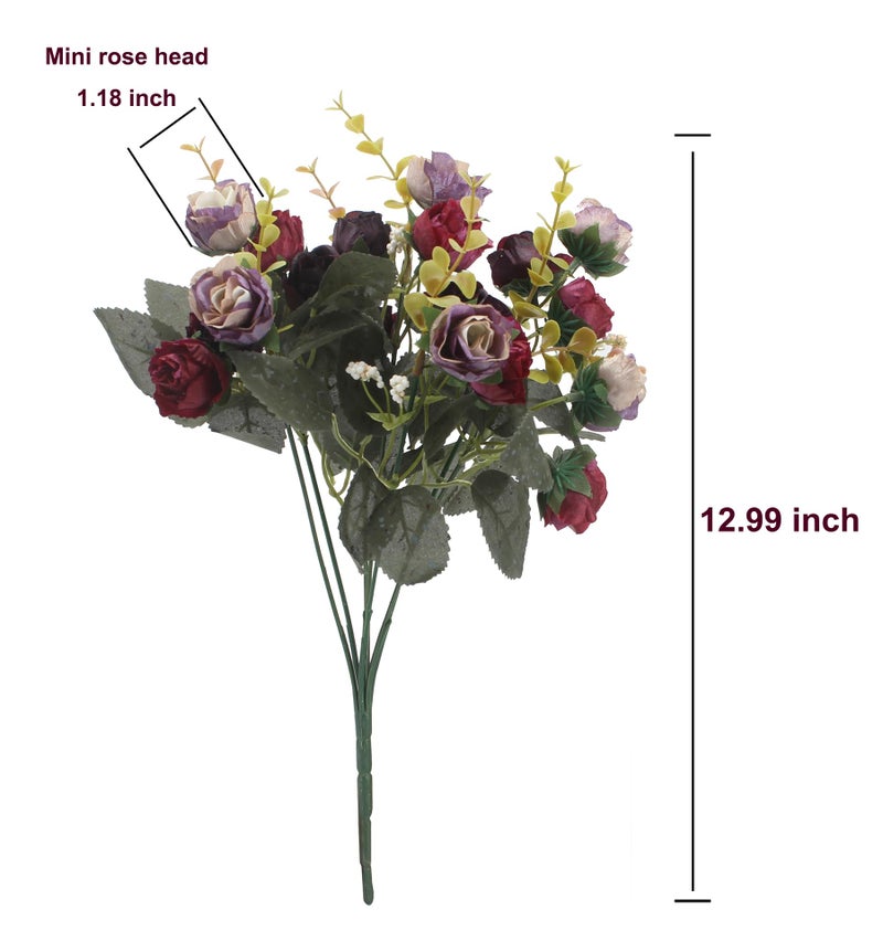 Duovlo 7 Branch 21 Mini Rose Heads Artificial Flowers Bouquet Wedding Home Office Decor,Pack of 2 (2 PCS Purple) - Image 2