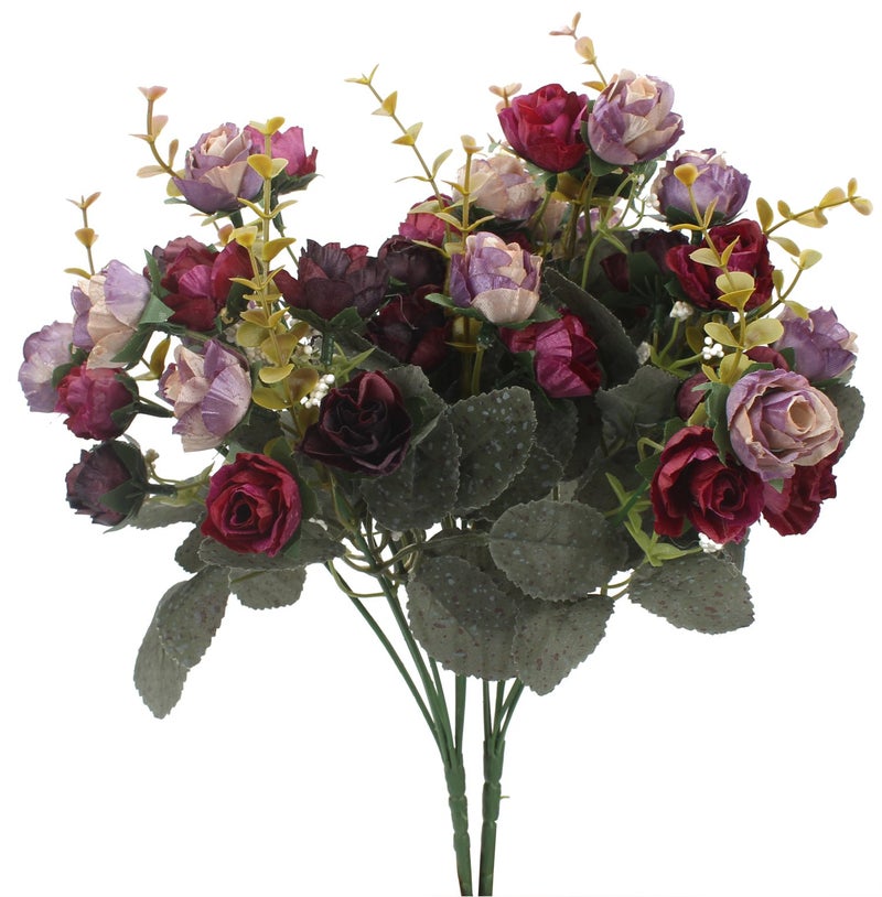 Duovlo 7 Branch 21 Mini Rose Heads Artificial Flowers Bouquet Wedding Home Office Decor,Pack of 2 (2 PCS Purple) - Image 1