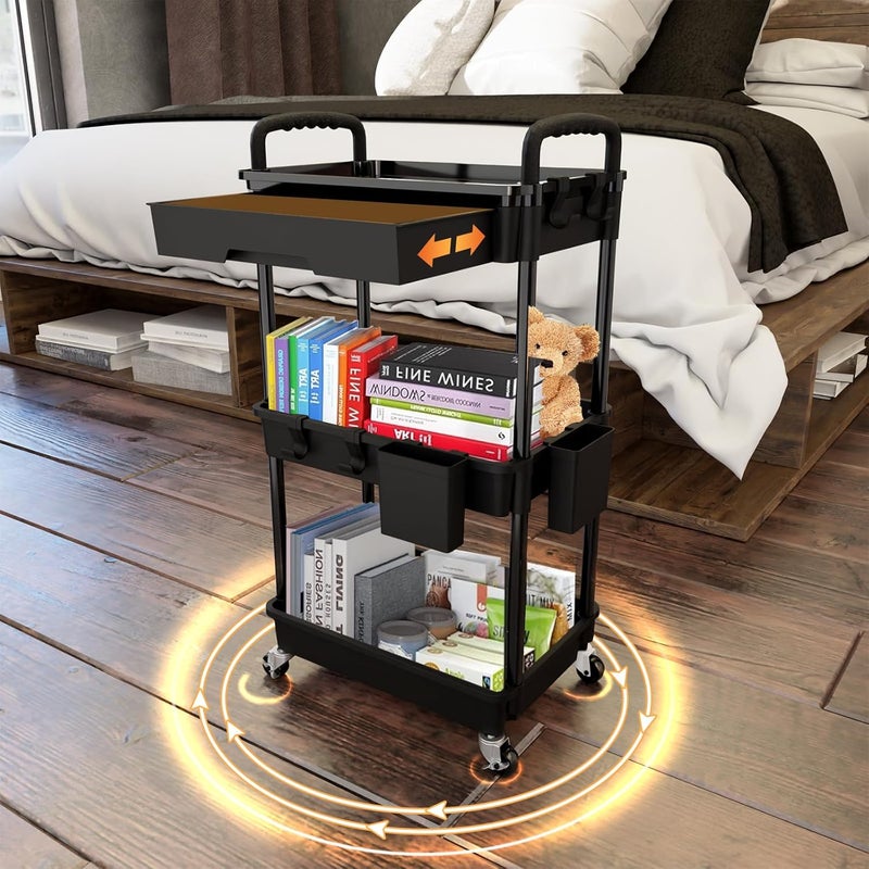 REBECAT 3 Tier Rolling Utility Cart with Drawer, Utility Cart Made of Multifunctional Storage Organizer Tool for Kitchen,Bathroom,Living Room,Office(Black) - Image 3