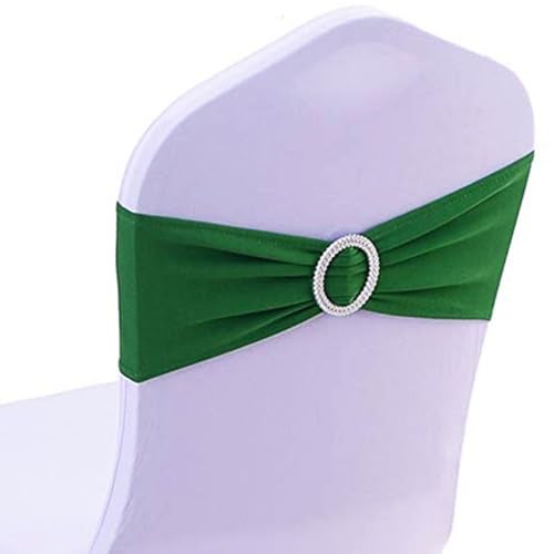 SINSSOWL 100 Pack Spandex Dark Green Chair Sashes for Wedding Stretch Chairs Bows Bands with Buckle for Party Birthday Banquets Engagement Christmas Events Decorations Dark Green