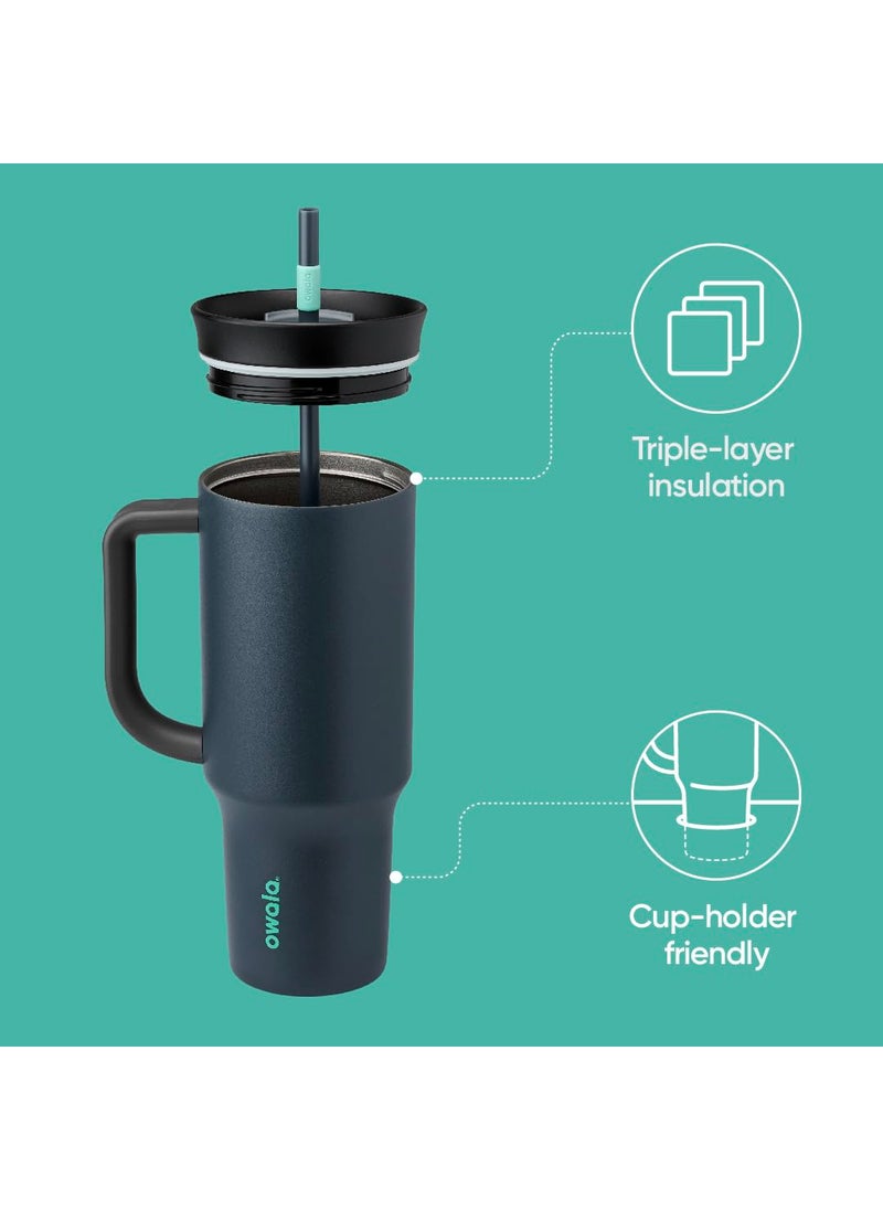 Owala Owala Stainless Steel Triple Layer Insulated Travel Tumbler with Spill Resistant Lid  Straw  and Carry Handle  BPA Free  40 oz  Gray (Foggy Tide)  - Image 2