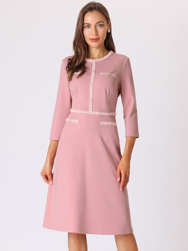 Hobemty Women's Church A-Line Work 3/4 Sleeve Tweed Midi Dresses X-Large Pink - Image 2