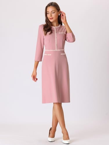 Hobemty Women's Church A-Line Work 3/4 Sleeve Tweed Midi Dresses X-Large Pink - Image 3