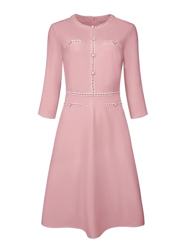 Hobemty Women's Church A-Line Work 3/4 Sleeve Tweed Midi Dresses X-Large Pink - Image 1