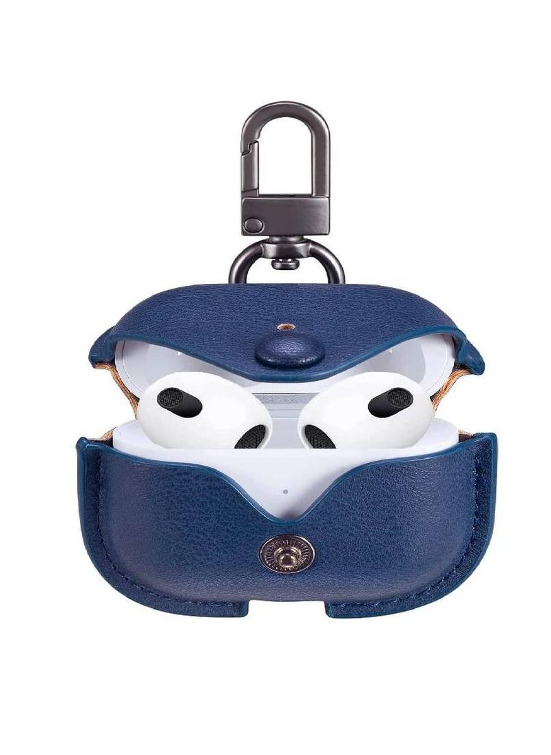 Generic - Leather Protective Case Skin Cover with Keychain and Lock for Apple Airpods 3 Case Women Men Blue - Image 1