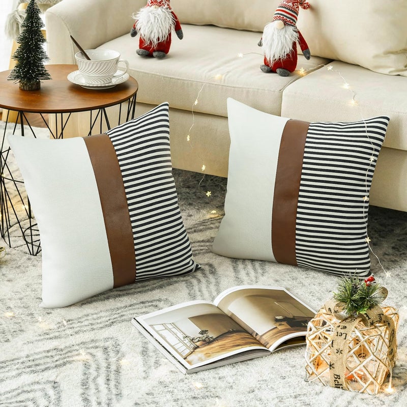cygnus 16x16 inch Pillow Covers Set of 2 Farmhouse Decor Stripe Patchwork Linen Throw Pillow Covers Modern Faux Leather Covers for Couch Sofa Black - Image 2