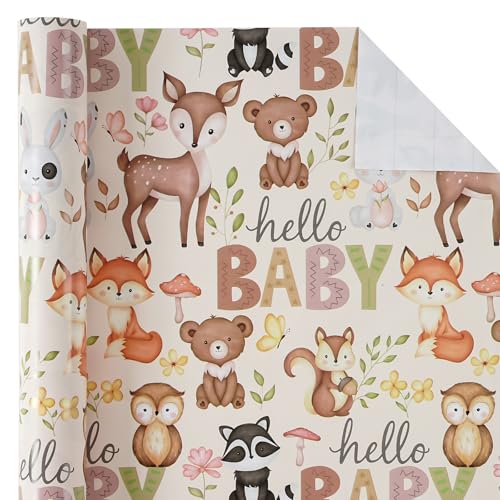 WRAPAHOLIC 30 Inch Baby Shower Wrapping Paper Roll 30 Inch x 33 Feet Little Woodland Animal Wrapping Paper for Baby Shower Kids Girls Boys Birthday - Image 3
