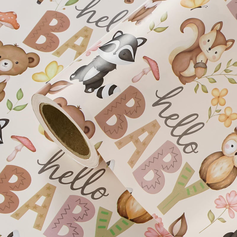 WRAPAHOLIC 30 Inch Baby Shower Wrapping Paper Roll 30 Inch x 33 Feet Little Woodland Animal Wrapping Paper for Baby Shower Kids Girls Boys Birthday - Image 2