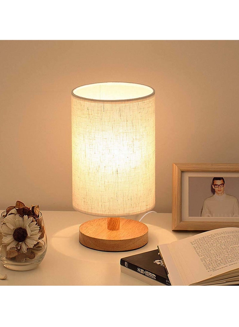 Bedside Table Lamp USB Switch Cable LED Bedroom Lamp Nightstand Desk Lamp, Minimalist Solid Wood Round Base with Fabric Shade for Living Room Kids Room Office White - Image 1