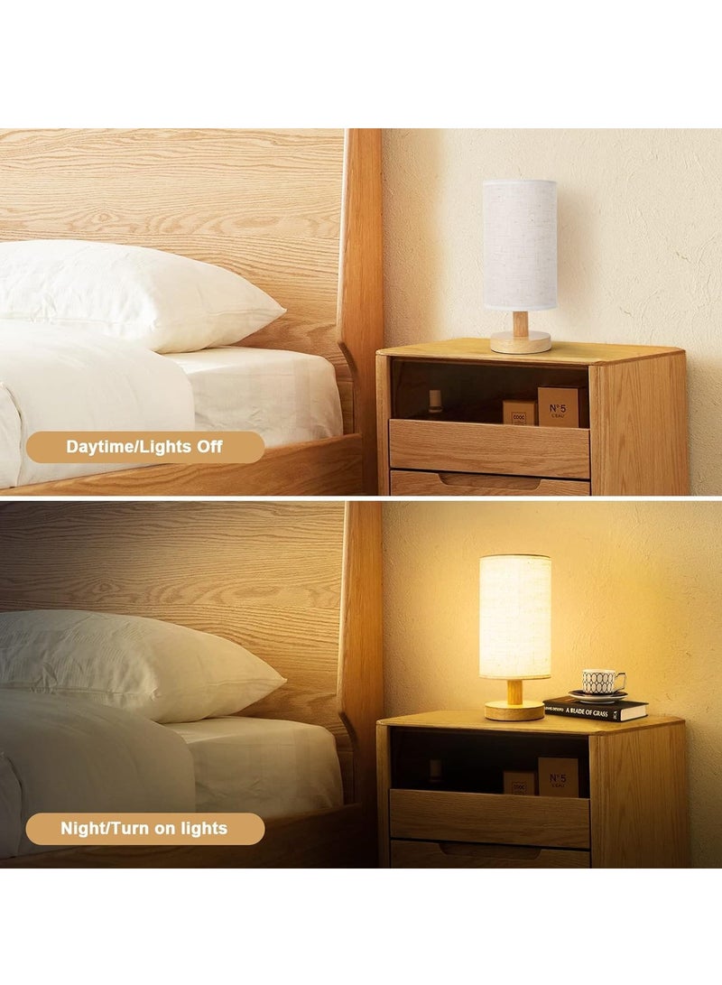Bedside Table Lamp USB Switch Cable LED Bedroom Lamp Nightstand Desk Lamp, Minimalist Solid Wood Round Base with Fabric Shade for Living Room Kids Room Office White - Image 2