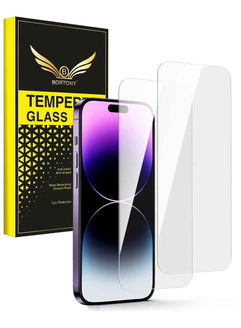 BORTONY Screen Protector for iPhone 14 Pro Tempered Glass Pack of 2 Easy Installation Bubble Free HD Clear Scratch Resistant Anti-Fingerprint Full Screen Coverage Compatible with Apple iPhone 14 Pro 6.1 Inch - Image 1