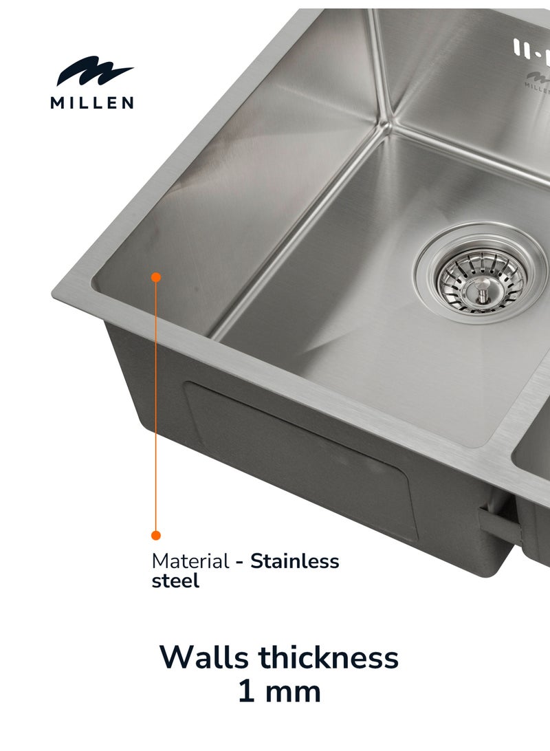 MILLEN Premium Handmade Undermount Double Bowl Sink  – SUS 304 Stainless Steel, Soundproof, Satin Finish - MSDB584420SS - Image 3