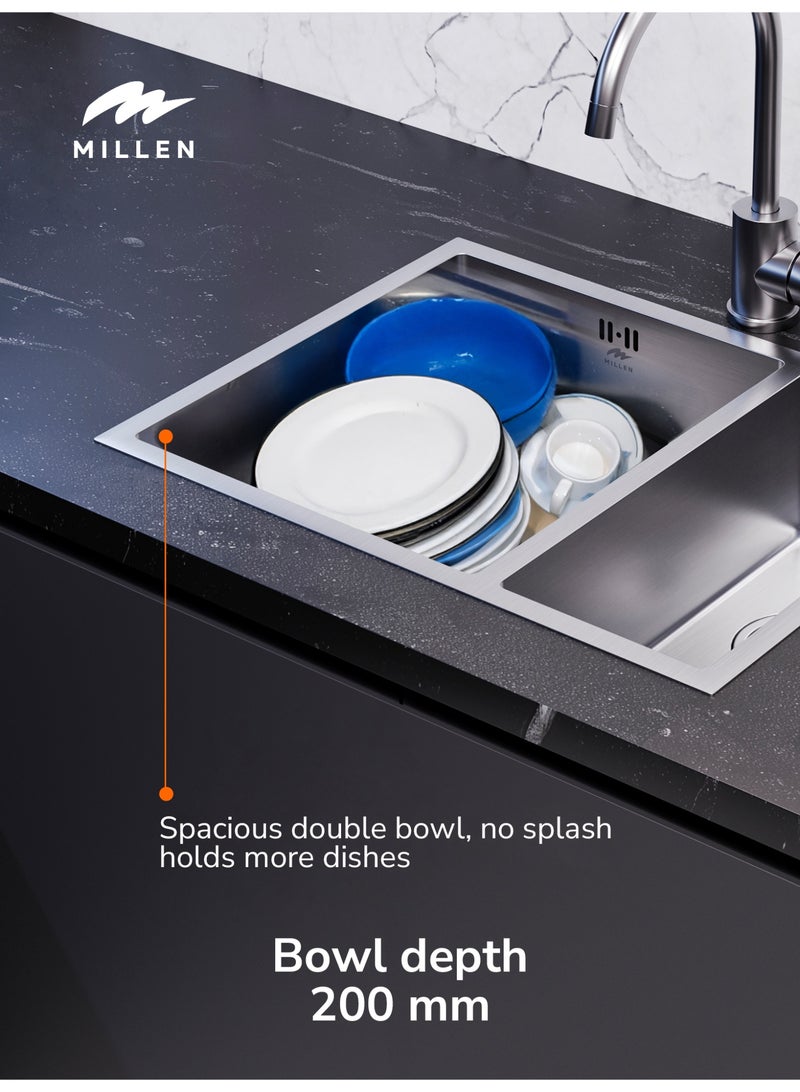 MILLEN Premium Handmade Undermount Double Bowl Sink  – SUS 304 Stainless Steel, Soundproof, Satin Finish - MSDB584420SS - Image 4