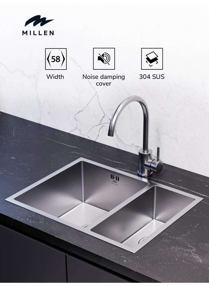 MILLEN Premium Handmade Undermount Double Bowl Sink  – SUS 304 Stainless Steel, Soundproof, Satin Finish - MSDB584420SS - Image 1