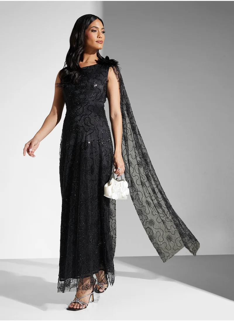Namshi x One Shoulder Sequin Embellished Dress With Trail