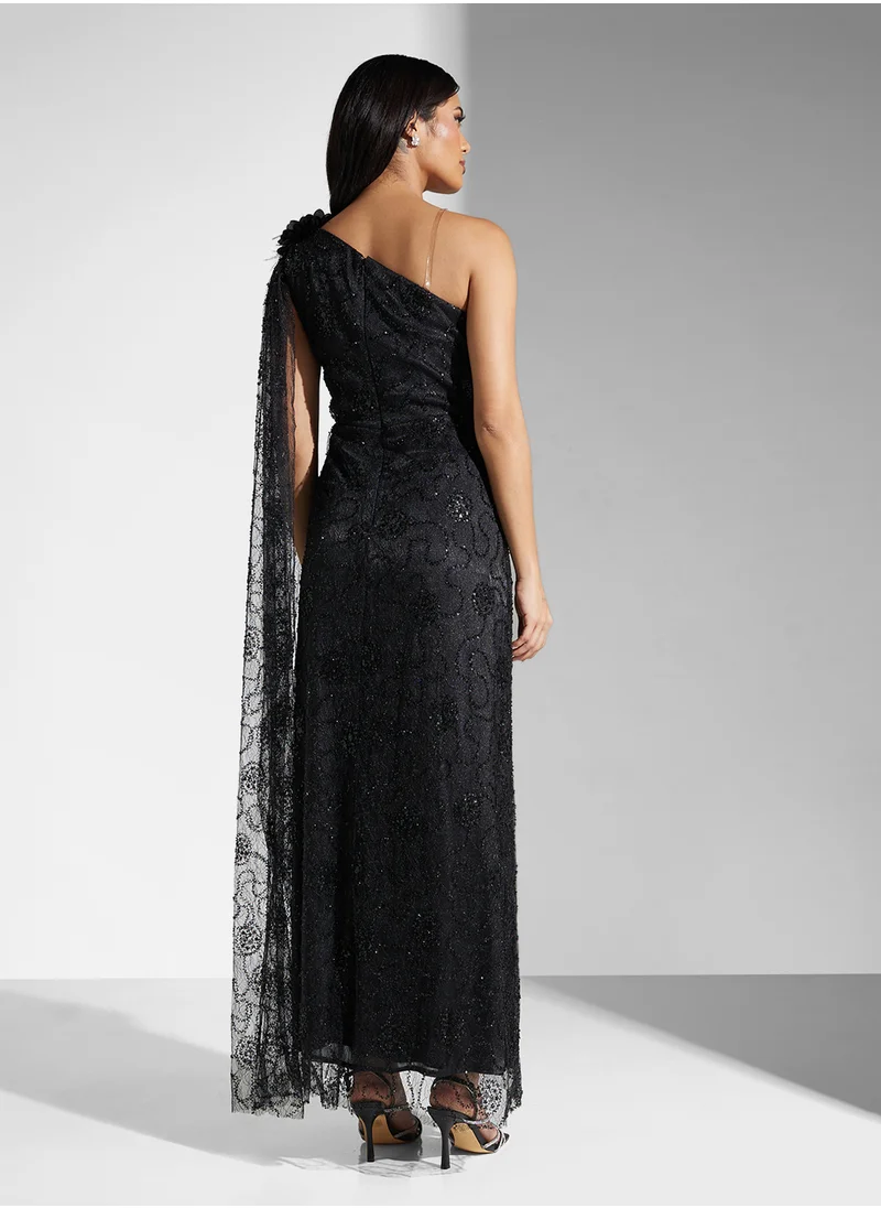 Namshi x One Shoulder Sequin Embellished Dress With Trail