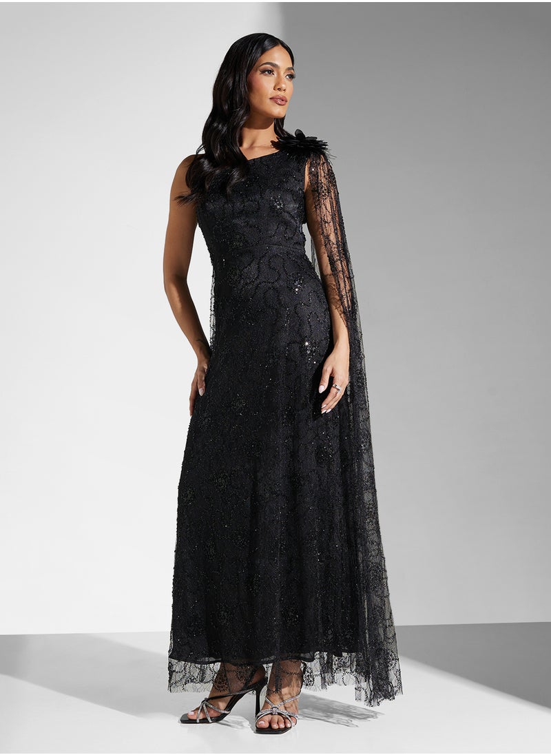Namshi x One Shoulder Sequin Embellished Dress With Trail  - Image 5
