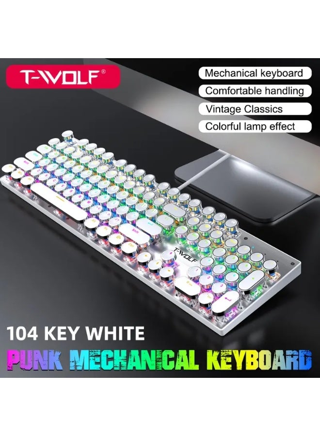 T-WOLF T75 104-Key Mechanical Gaming Keyboard, Retro Gaming Keyboard with 9 RGB Lighting Modes, Wired Connection, Metal Panel with Round Keycaps, Suitable for Gaming and Office Use - Image 1