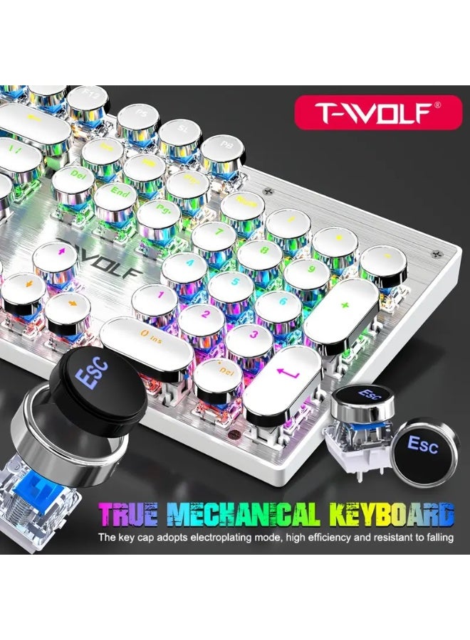 T-WOLF T75 104-Key Mechanical Gaming Keyboard, Retro Gaming Keyboard with 9 RGB Lighting Modes, Wired Connection, Metal Panel with Round Keycaps, Suitable for Gaming and Office Use - Image 2