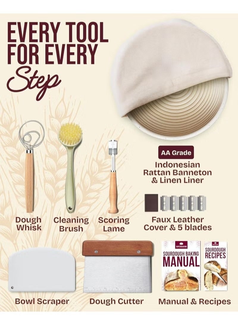 Sourdough Proofing Basket Kit, Banneton Bread Baking Supplies, Round 9 Inch Sourdough Starter Kit, Proofing Basket for Bread Baking, Bread Making Supplies Tools, Banneton Basket Gift Set - Image 3