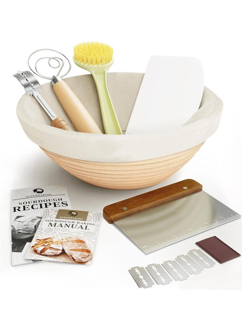Sourdough Proofing Basket Kit, Banneton Bread Baking Supplies, Round 9 Inch Sourdough Starter Kit, Proofing Basket for Bread Baking, Bread Making Supplies Tools, Banneton Basket Gift Set - Image 1