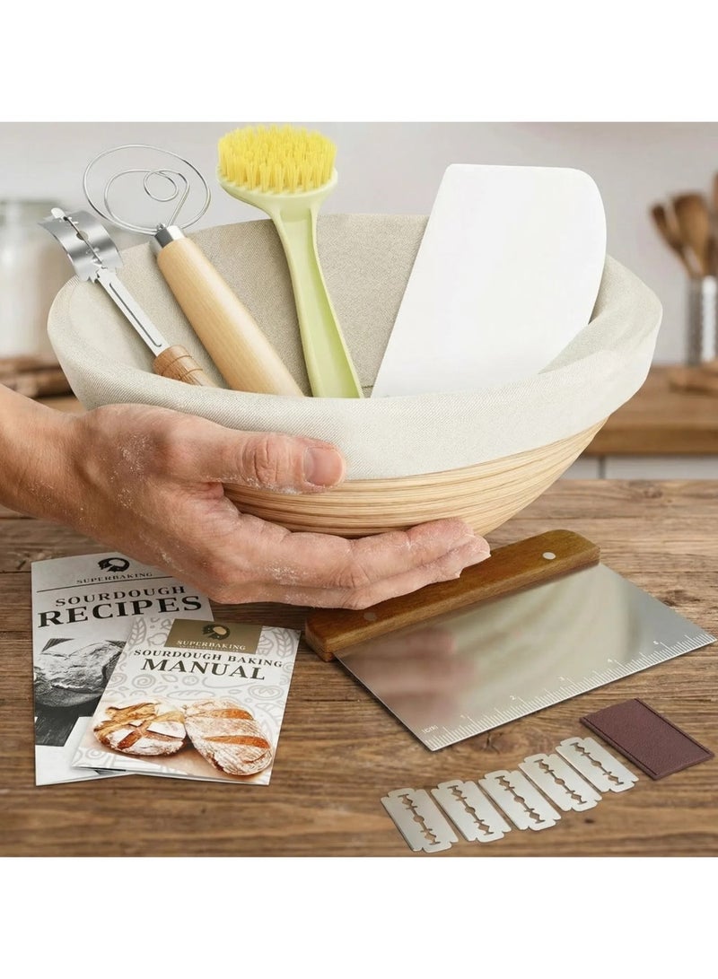 Sourdough Proofing Basket Kit, Banneton Bread Baking Supplies, Round 9 Inch Sourdough Starter Kit, Proofing Basket for Bread Baking, Bread Making Supplies Tools, Banneton Basket Gift Set - Image 2