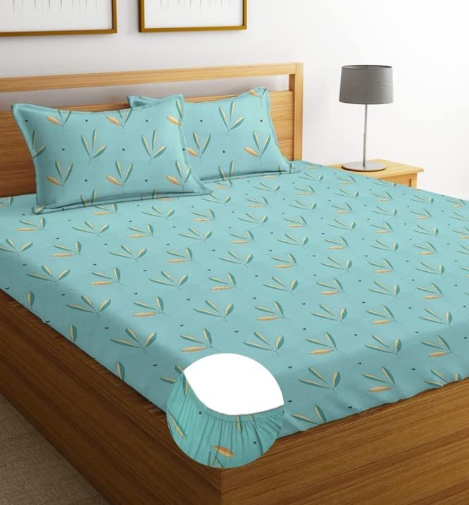 BSB Home Premium Cotton Elastic Fitted Floral Bedsheets with 2 King Size Pillow Covers | Double Bed with All Around Elastic 180 TC Supersoft | (72"x78",Aqua & Light Green) - Image 2