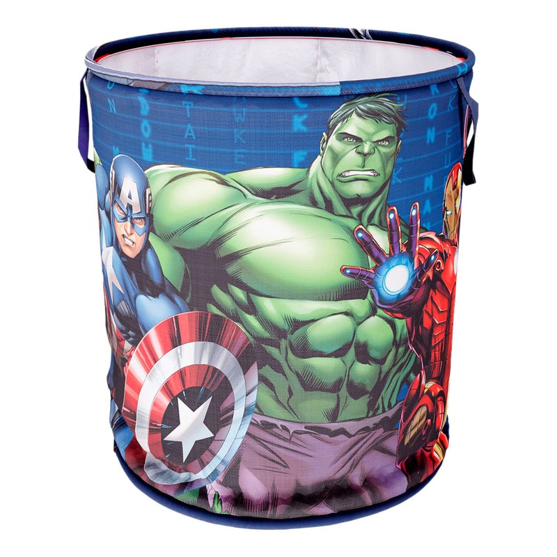 Kuber Industries Marvel Avengers Print Round Laundry BasketPolyester Clothes HamperWaterproof Foldable Round Laundry Bag with Handle45 LtrNavy Blue - Image 1
