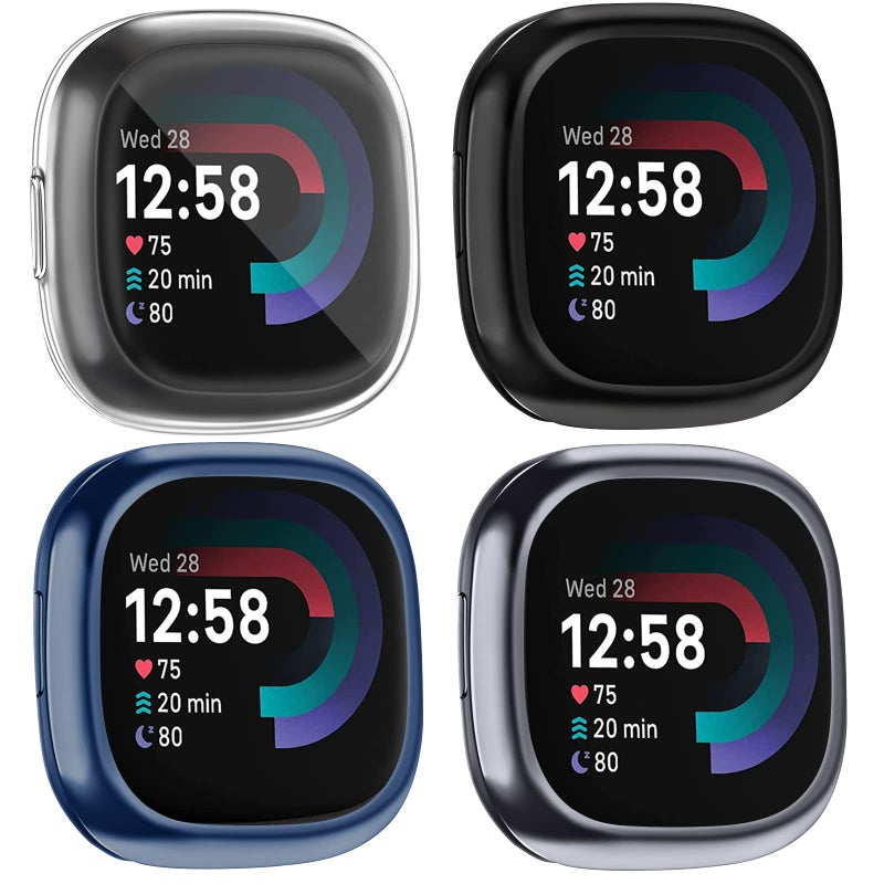 Tobfit [4 Pack] Screen Protector Case Compatible for Fitbit Sense 2 / Fitbit Versa 4, Slim Fit Full Protective Cover Shockproof Bumper Glossy Soft TPU Sense 2 Case Cover (Black+Graphite+Navy Blue+Clear) - Image 1