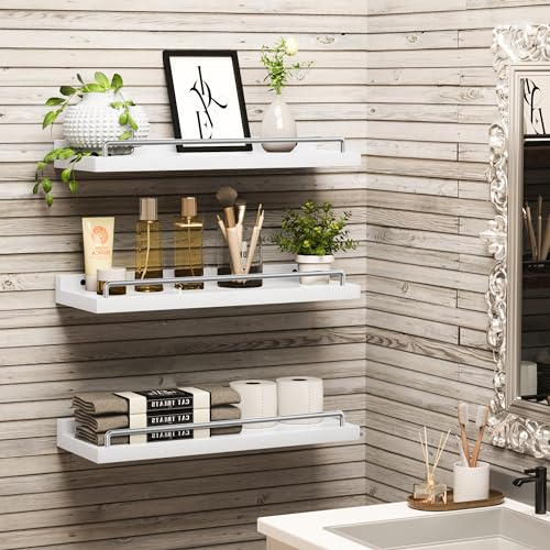 RYOFOBETTO Floating Shelves for Wall Decor, White and Grey Shelves for Bathroom, Living Room, Bedroom, Picture Frames, Plants, Kitchen (Set of 3) - Image 3