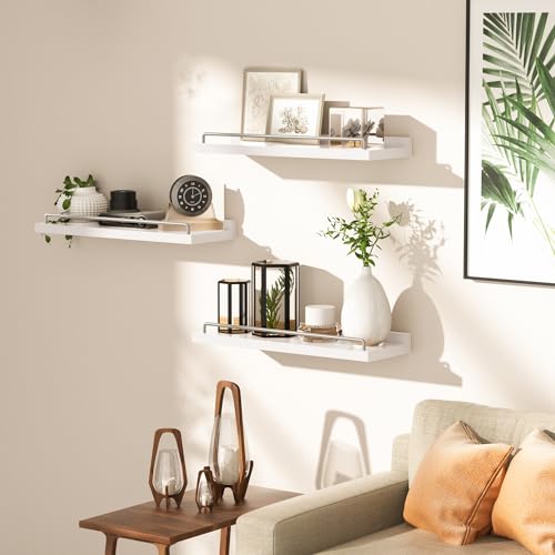 RYOFOBETTO Floating Shelves for Wall Decor, White and Grey Shelves for Bathroom, Living Room, Bedroom, Picture Frames, Plants, Kitchen (Set of 3) - Image 4