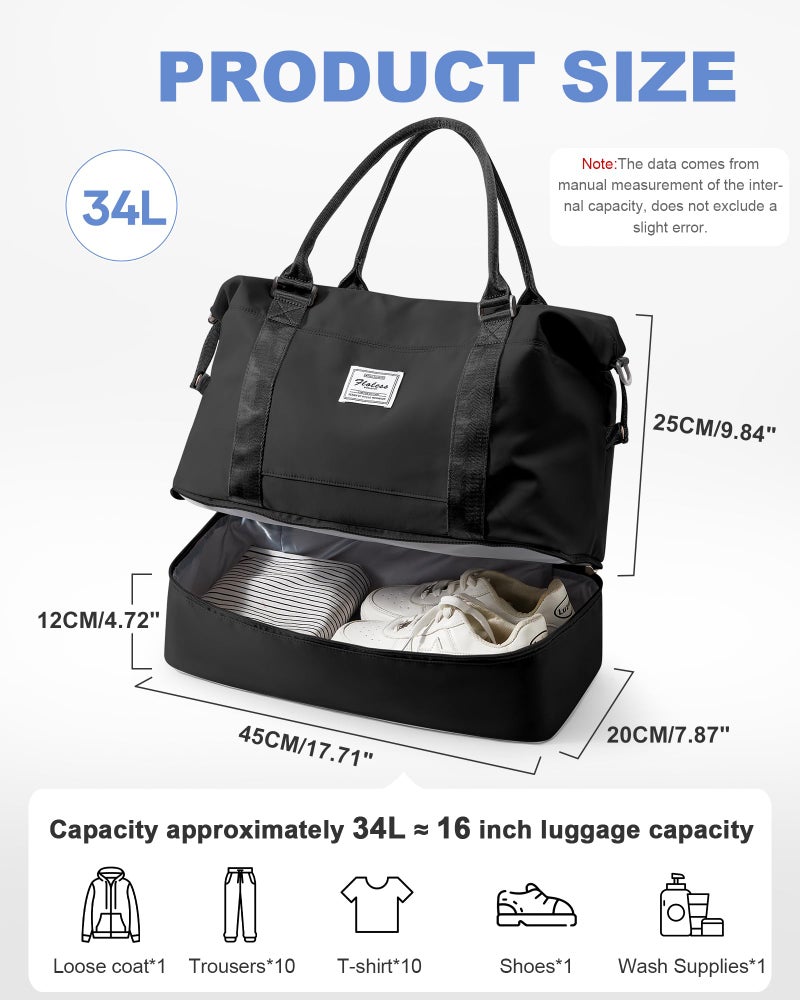 VECAVE Travel Duffel Bag, 18x14x8 Inches Travel Bag Spirit with Shoes Compartment, Weekender Overnight Bag for Women with Trolley Sleeve, Carry On Bag for Airplanes Sport Tote Gym Bag Black - Image 4