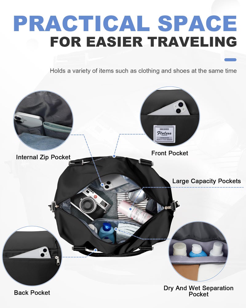 VECAVE Travel Duffel Bag, 18x14x8 Inches Travel Bag Spirit with Shoes Compartment, Weekender Overnight Bag for Women with Trolley Sleeve, Carry On Bag for Airplanes Sport Tote Gym Bag Black - Image 3