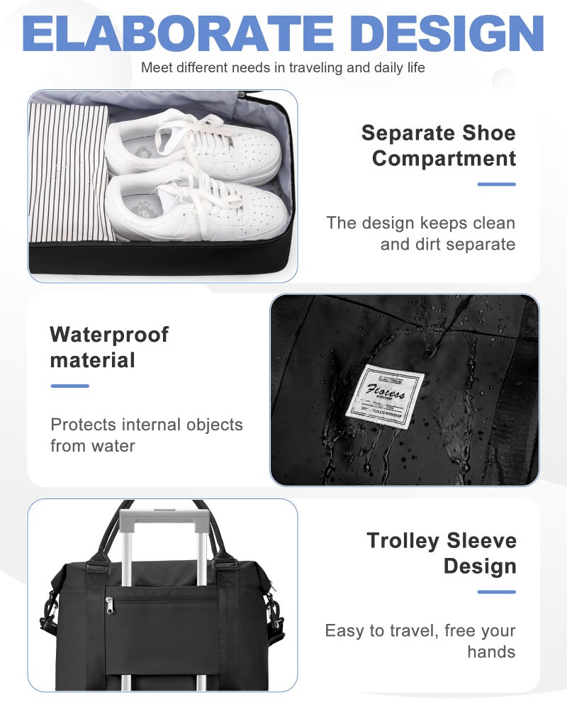 VECAVE Travel Duffel Bag, 18x14x8 Inches Travel Bag Spirit with Shoes Compartment, Weekender Overnight Bag for Women with Trolley Sleeve, Carry On Bag for Airplanes Sport Tote Gym Bag Black - Image 5