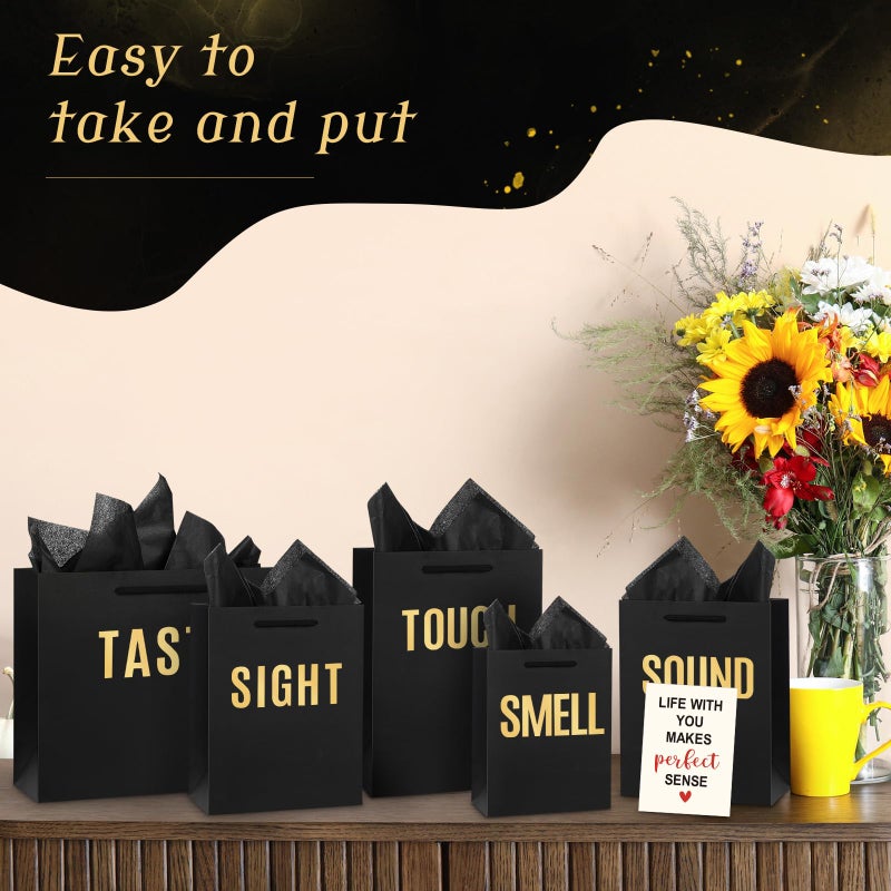 Kolldenn 5 Pcs Valentine's Day 5 Senses Gift Bags for Him or Her Five Senses Bags with Handles Tissue Paper Kraft Envelope Greeting Card for Birthday Wedding Anniversary DIY Gift(Size A,Black Gold) - Image 5