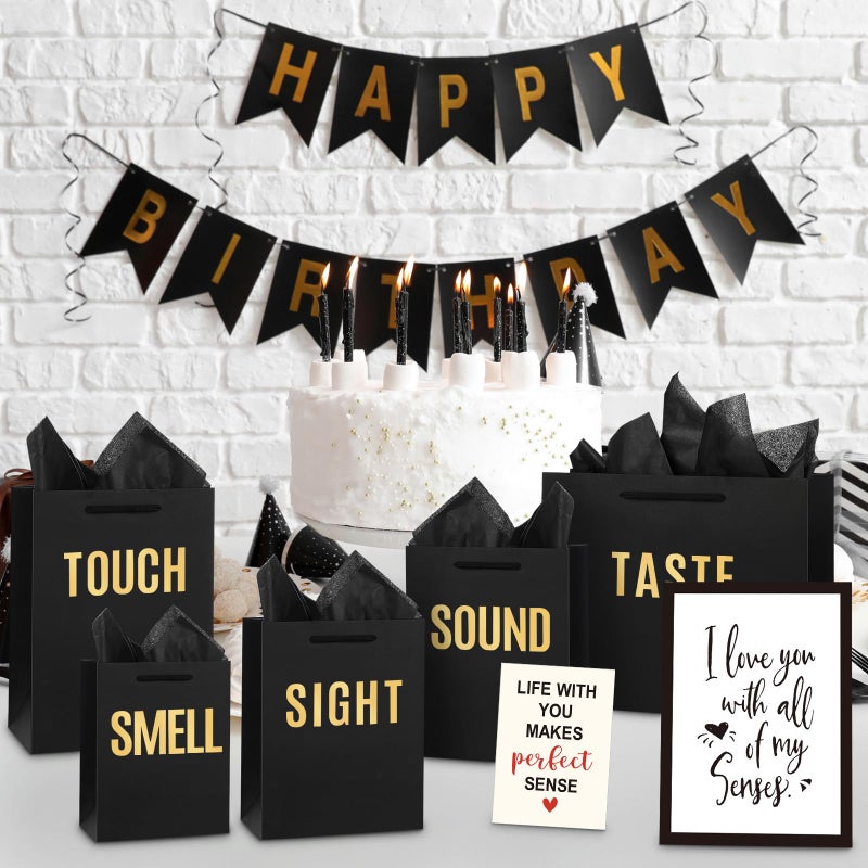 Kolldenn 5 Pcs Valentine's Day 5 Senses Gift Bags for Him or Her Five Senses Bags with Handles Tissue Paper Kraft Envelope Greeting Card for Birthday Wedding Anniversary DIY Gift(Size A,Black Gold) - Image 3