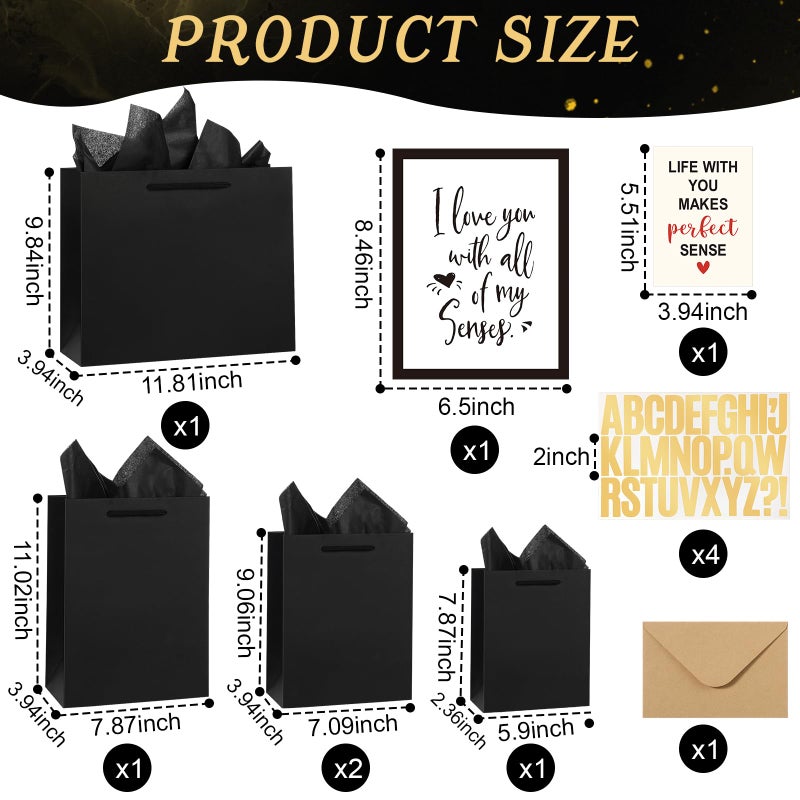 Kolldenn 5 Pcs Valentine's Day 5 Senses Gift Bags for Him or Her Five Senses Bags with Handles Tissue Paper Kraft Envelope Greeting Card for Birthday Wedding Anniversary DIY Gift(Size A,Black Gold) - Image 2