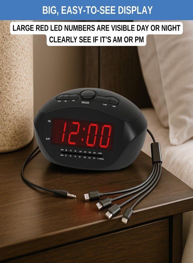 Ken-Tech Digital Alarm Clock with USB-C, Micro USB, Mini USB & Apple-Style 8-Pin Charging Cables | AM/FM Clock Radio with Red LED Display, AUX Input, Loud Alarm for Heavy Sleepers | Desk or Bedside Clock - Image 2