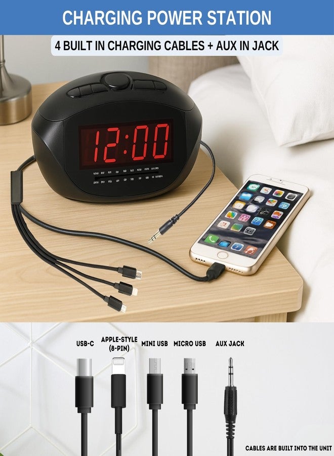 Ken-Tech Digital Alarm Clock with USB-C, Micro USB, Mini USB & Apple-Style 8-Pin Charging Cables | AM/FM Clock Radio with Red LED Display, AUX Input, Loud Alarm for Heavy Sleepers | Desk or Bedside Clock - Image 3
