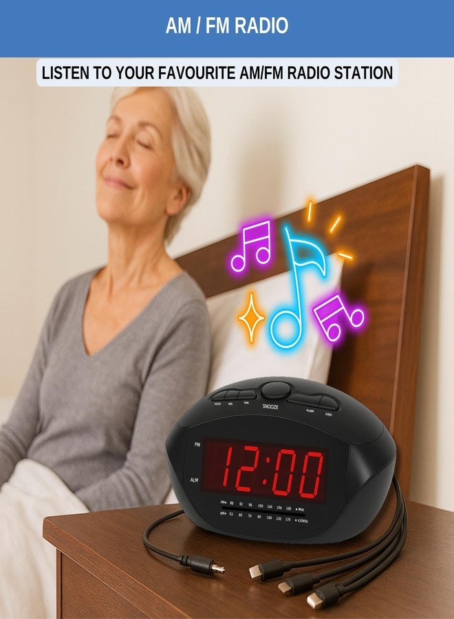 Ken-Tech Digital Alarm Clock with USB-C, Micro USB, Mini USB & Apple-Style 8-Pin Charging Cables | AM/FM Clock Radio with Red LED Display, AUX Input, Loud Alarm for Heavy Sleepers | Desk or Bedside Clock - Image 5