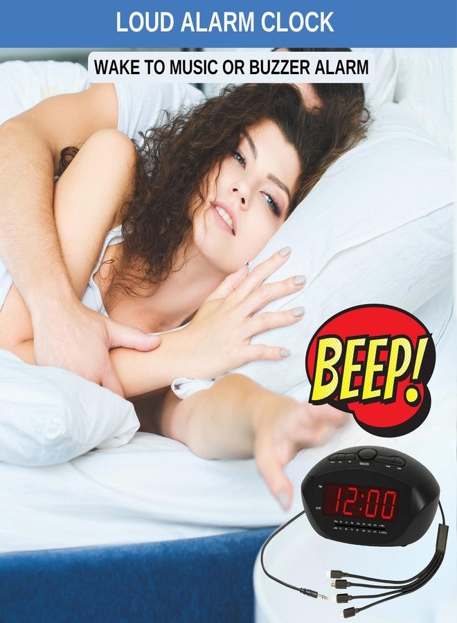 Ken-Tech Digital Alarm Clock with USB-C, Micro USB, Mini USB & Apple-Style 8-Pin Charging Cables | AM/FM Clock Radio with Red LED Display, AUX Input, Loud Alarm for Heavy Sleepers | Desk or Bedside Clock - Image 4