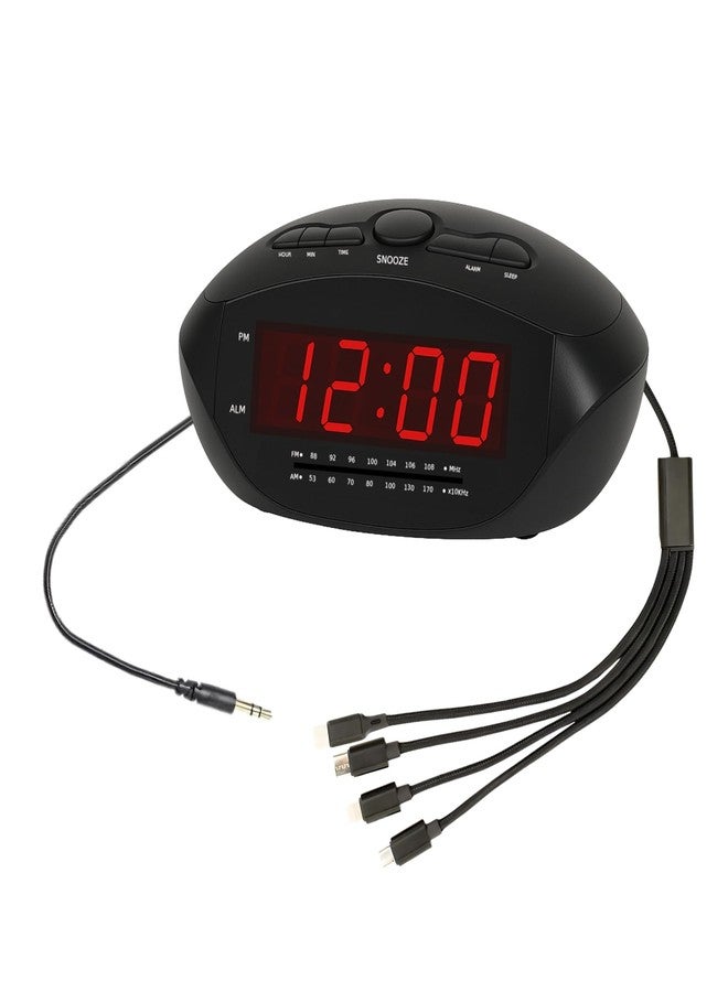 Ken-Tech Digital Alarm Clock with USB-C, Micro USB, Mini USB & Apple-Style 8-Pin Charging Cables | AM/FM Clock Radio with Red LED Display, AUX Input, Loud Alarm for Heavy Sleepers | Desk or Bedside Clock - Image 1