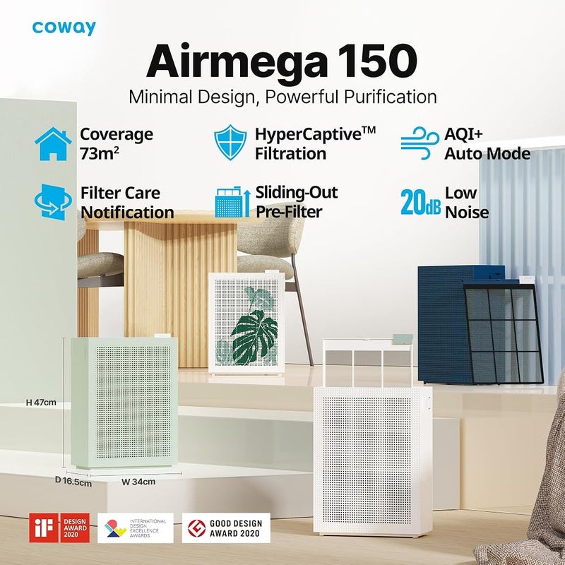 كواي منقي الهواء COWAY Airmega 150 يزيل 99.999% من الجسيمات بحجم يصل إلى 0.01 ميكرومتر، والفيروسات والهباء الجوي معتمد من قبل ECARF لمرضى الحساسية مناسب للغرف بمساحة تصل إلى 73 مترًا مربعًا معدل توصيل الهواء النقي (CADR) 281 مترًا مكعبًا - Image 4