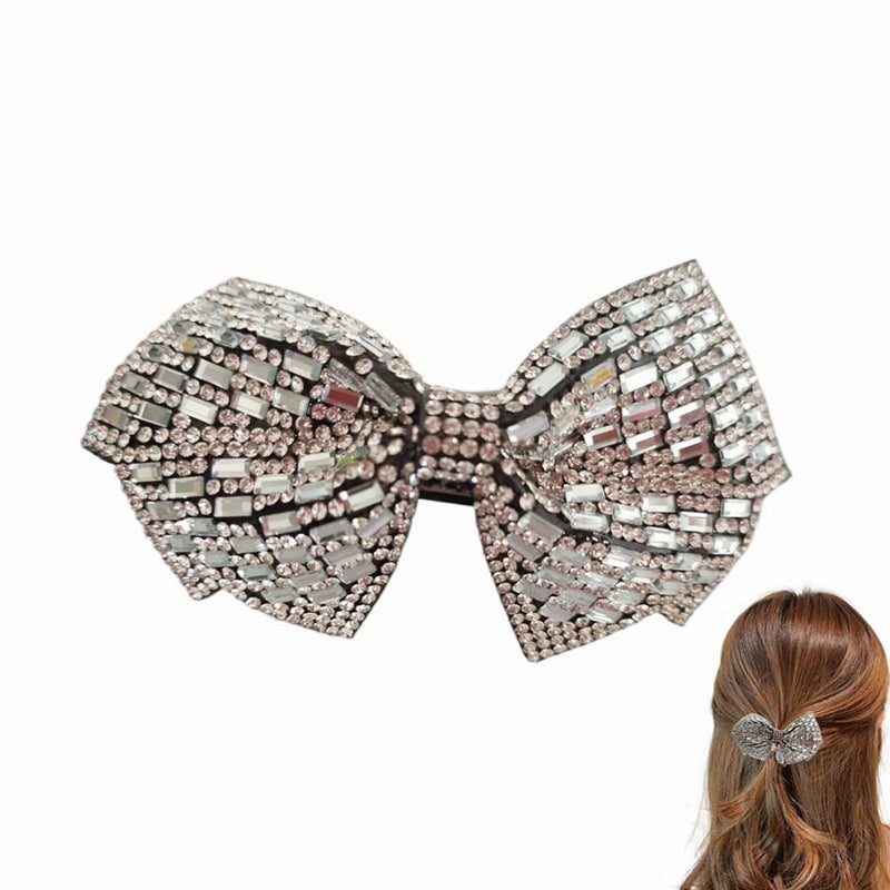 Jilukibo Bling Rhinestone Bow Hair Clip for Ponytail Holder White Crystal Bowknot Spring Clip French Side Hair Barrettes Hair Pins Accessories for Women
