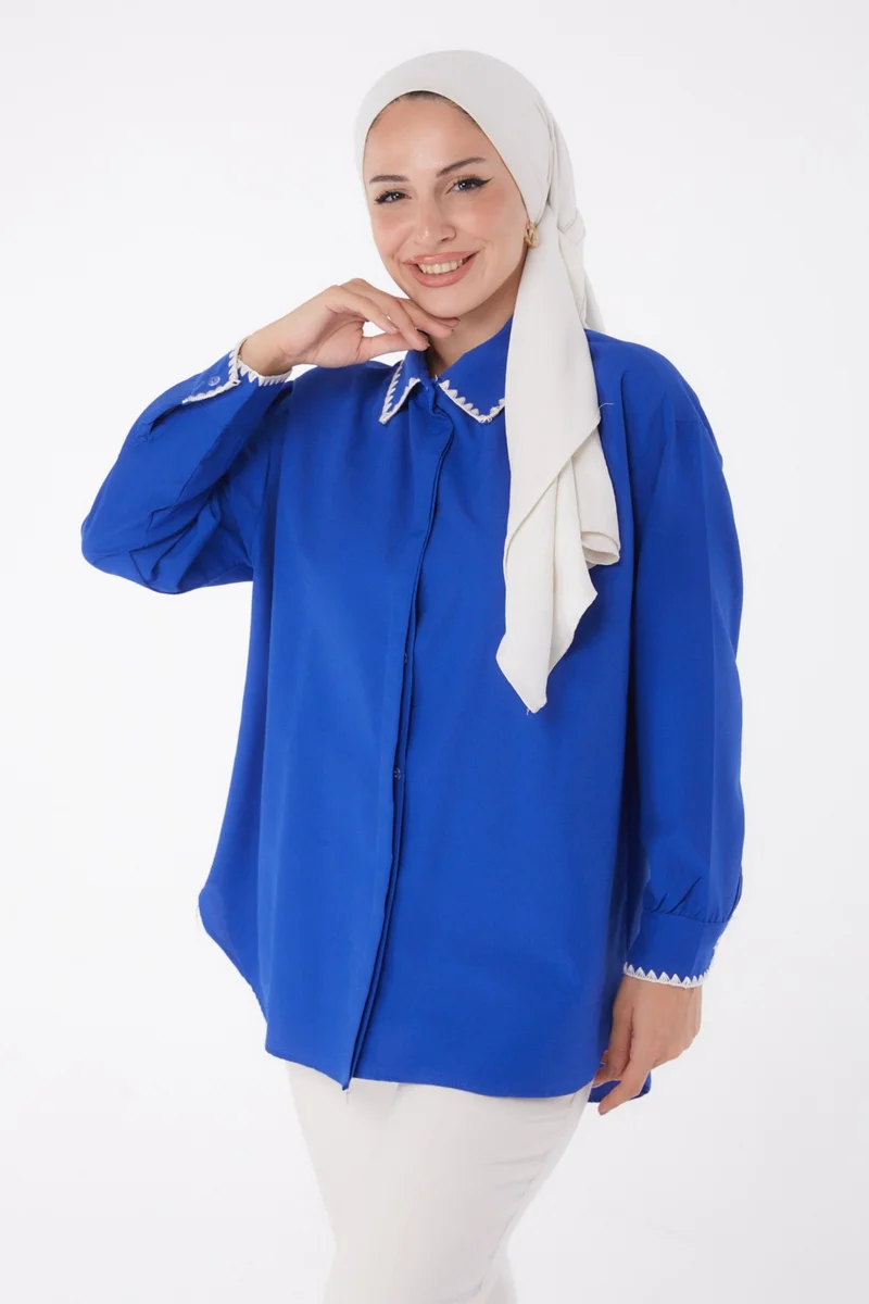 Tofisa Plain Shirt Collar Women's Blue Rose Embroidered Shirt - 13253