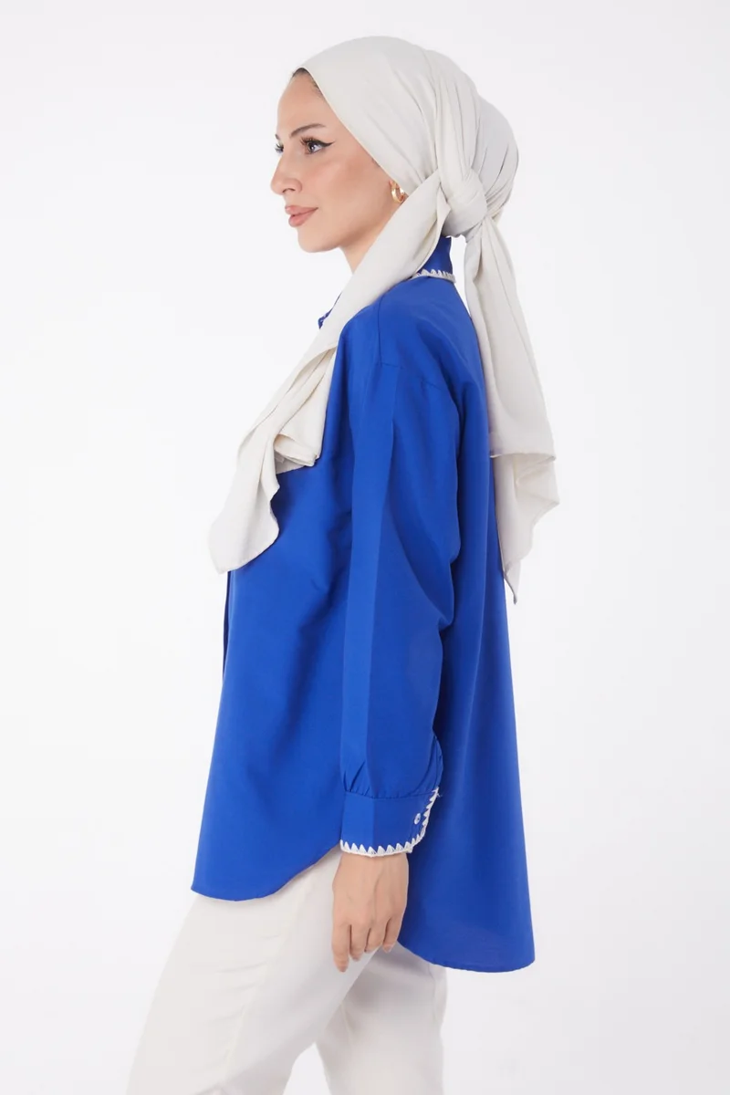 Tofisa Plain Shirt Collar Women's Blue Rose Embroidered Shirt - 13253