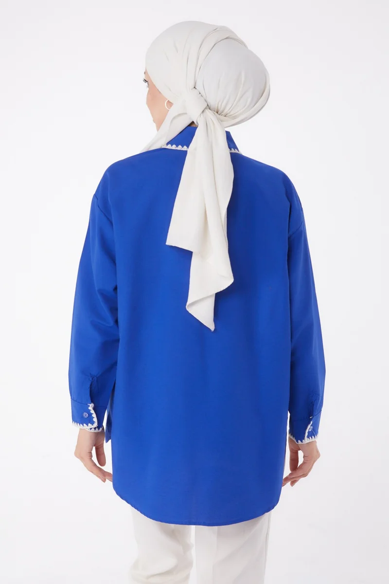 Tofisa Plain Shirt Collar Women's Blue Rose Embroidered Shirt - 13253